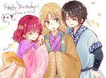  1girl 2boys :3 akatsuki_no_yona aminyao androgynous aqua_eyes black_hair blonde_hair blush closed_mouth facing_viewer female_child hak_(akatsuki_no_yona) happy_birthday korean_clothes looking_at_another male_child multiple_boys open_mouth short_hair soo-won_(akatsuki_no_yona) white_background yona_(akatsuki_no_yona) 