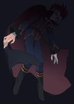  1boy belt black_background black_belt black_cape black_footwear blue_jacket blue_pants boots cape closed_mouth dark eko_(wk_egg) full_body highres jacket lance_(pokemon) long_sleeves looking_down male_focus pants pokemon pokemon_(game) pokemon_hgss popped_collar short_hair solo spiked_hair 