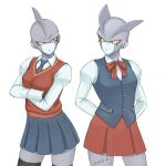  2girls arms_behind_back blue_necktie bow bowtie breasts commentary crossed_arms dragon_ball dragon_ball_super dragon_ball_super_super_hero english_commentary frown gamma_1 gamma_2 genderswap genderswap_(mtf) highres jenxd_d juliet_sleeves long_sleeves medium_breasts miniskirt multiple_girls necktie pleated_skirt puffy_sleeves red_bow red_bowtie school_uniform signature skindentation skirt sweater_vest thighhighs zettai_ryouiki 