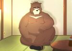  2023 5_toes absurd_res anthro barefoot bear belly big_belly black_nose blush bodily_fluids brown_body detailed_background feet hi_res humanoid_hands inside juuichi_mikazuki kemono kumatoron male mammal moobs morenatsu navel nipples overweight overweight_male sitting soles solo sweat toes 
