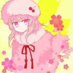  1girl anmita_(rarutos) bangs capelet cherry_print closed_mouth commentary_request food_print fur-trimmed_capelet fur_hat fur_trim hat infinite_blade_pavilion medium_hair neck_ribbon original papakha pink_capelet pink_eyes pink_hair pink_headwear red_ribbon ribbon snow_cordie solo sparkle touhou yellow_background 