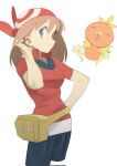  bandana bike_shorts blue_eyes breasts brown_hair closed_eyes cowboy_shot from_side hand_in_own_hair hand_on_hip highres looking_at_viewer may_(pokemon) pokemon pokemon_(creature) pokemon_(game) pokemon_rse simple_background smile torchic white_background zubuzubu_(gogo_zubu) 
