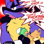  anthro blue_body blue_fur dialogue digital_media_(artwork) duo english_text fizzyjay fur generation_4_pokemon generation_9_pokemon hi_res lucario male mammal nintendo orange_body orange_fur pawmi pokemon pokemon_(species) profanity simple_background text 