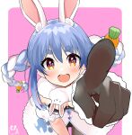  1girl animal_ear_fluff animal_ears bangs bare_shoulders black_gloves black_leotard blue_hair bow braid breasts bunny-shaped_pupils carrot_hair_ornament cranberry0621 detached_sleeves dress food-themed_hair_ornament fur-trimmed_gloves fur_trim gloves hair_between_eyes hair_bow hair_ornament hand_up highres hololive leotard long_hair looking_at_viewer multicolored_hair pantyhose pointing pointing_at_viewer puffy_short_sleeves puffy_sleeves rabbit_ears short_eyebrows short_sleeves signature simple_background small_breasts solo strapless strapless_dress strapless_leotard symbol-shaped_pupils teeth thick_eyebrows twin_braids twintails two-tone_hair upper_teeth_only usada_pekora very_long_hair virtual_youtuber white_bow white_dress white_hair white_sleeves 