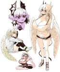  +_+ 4girls :&lt; @_@ ahoge angel angel_wings aohada_bocchi arms_behind_back bat_wings black_bra black_shorts blonde_hair bra bra_strap breasts commentary_request cramp creator_connection demon_girl demon_horns denim denim_shorts feathered_wings feet head_wings highres horns huge_breasts kinjo_no_hito_no_nakimushi lian_(aohada_bocchi) limited_palette long_hair lorem_(mazohaha) multiple_girls musuko_ga_kawaikute_shikatanai_mazoku_no_hahaoya ochiai_(kinjo_no_hito_no_nakimushi) pointy_ears ponytail raspberry_(yakunitatsu_node_chi_o_kudasai) sandals school_uniform shorts sitting smile stretching sweat sweatdrop tail tank_top thick_thighs thighs underwear vampire white_background white_wings wings yakunitatsu_node_chi_o_kudasai zyugoya 