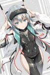  1girl alice_gear_aegis aqua_eyes black_bodysuit bodysuit breasts character_request clothing_cutout coat commentary_request covered_navel grey_hair headgear highres long_hair looking_at_viewer parted_lips pinakes skin_tight small_breasts solo thigh_cutout 