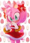  1girl amy_rose animal_ears artist_name bare_shoulders blush bow bracelet breasts closed_mouth commentary_request dress eyelashes food fruit furry furry_female gloves gold_bracelet green_eyes hands_up heart heart_hands hedgehog_ears hedgehog_girl hedgehog_tail highres jewelry looking_away medium_breasts pink_fur red_bow red_dress sa_ssssa sleeveless sleeveless_dress solo sonic_(series) standing strawberry strawberry_background tail white_background white_gloves 