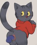 anthro anus blush butt clothing dildo felid feline fritz_the_cat_(character) fur grey_body grey_fur male mammal raised_tail red_clothing red_sweater red_topwear sex_toy solo sweater tail topwear unknown_artist yellow_eyes 