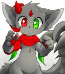  2015 4_fingers anthro artist_logo black_nose chest_tuft claws claws_out devil-vox digital_drawing_(artwork) digital_media_(artwork) finger_claws fingers fur gradient_background green_eyes grey_body grey_claws grey_ears grey_fur grey_hair grey_tail hair heterochromia horn kemono logo looking_at_viewer male mammal monotone_body monotone_ears monotone_fur monotone_hair nude pawpads red_eyes red_horn red_pawpads red_scarf scarf signature simple_background solo standing tuft unknown_character 