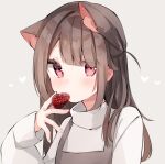  1girl animal_ears asymmetrical_bangs bangs brown_hair brown_vest cat_ears dot_nose eyes_visible_through_hair food fruit grey_background heart heripiro highres holding holding_food holding_fruit light_blush long_hair long_sleeves looking_at_viewer original portrait red_eyes shirt solo strawberry vest white_shirt 