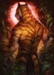  2022 anthro biped blood_moon clothed clothing detailed_background digital_media_(artwork) digital_painting_(artwork) endlen felid forest fur loincloth_only male mammal muscular muscular_anthro muscular_male orange_body orange_fur pantherine plant rear_view solo striped_body striped_fur stripes tiger topless tree 