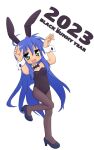  1girl 2023 :3 ahoge animal_ears armpits bangs bare_shoulders black_bow black_bowtie black_footwear black_leotard blue_hair blush bow bowtie brown_pantyhose chinese_zodiac collar detached_collar dot_nose english_text fake_animal_ears fake_tail flat_chest full_body green_eyes hair_between_eyes hands_up high_heels izumi_konata jitome leotard long_hair looking_at_viewer lucky_star mole mole_under_eye not_call open_mouth pantyhose playboy_bunny rabbit_ears rabbit_tail sidelocks simple_background smile solo standing standing_on_one_leg straight_hair strapless strapless_leotard tail very_long_hair w_arms white_background white_collar wrist_cuffs year_of_the_rabbit 