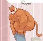  2023 anthro beard biceps big_butt blush body_hair bottomwear butt casual_nudity chest_hair clothed clothing domestic_cat embarrassed embarrassed_nude_male english_text facial_hair felid feline felis hair hi_res hunched_over leg_hair locker locker_room looking_at_viewer male mammal manlyster mature_male moobs musclegut muscular muscular_arms nipples pants pecs shoulder_hair shy solo speech_bubble stubble text topless triceps undressing white_hair 