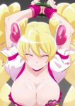  1girl arms_up blonde_hair bound bound_wrists breasts choker cleavage closed_eyes closed_mouth collarbone cure_peach fresh_precure! fuchi_(nightmare) hair_between_eyes hair_ornament heart heart_hair_ornament highres large_breasts long_hair magical_girl momozono_love pink_choker precure puffy_short_sleeves puffy_sleeves short_sleeves solo twintails upper_body very_long_hair 