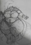  alligator alligatorid anthro bag barefoot belly big_breasts bottomwear breasts canstraw cape claws clothed clothing crocodilian cuca feet female footwear gesture hair hi_res legwear mature_female messy_hair monochrome monster navel navel_piercing non-mammal_breasts overweight overweight_female piercing pointing reptile scalie sharp_teeth simple_background skimpy socks solo standing teeth thick_thighs thigh_highs thigh_socks topwear wide_hips 