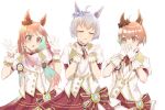  3girls :o ahoge animal_ears blue_choker bow breasts brown_eyes choker cleavage closed_eyes colored_inner_hair commission covering_mouth e_sky_rugo ear_ornament facing_viewer gloves green_hair hair_bow hands_up highres horse_ears long_hair multicolored_hair multiple_girls orange_hair parted_lips pixiv_commission red_skirt short_hair simple_background skirt smile umamusume vest white_background white_gloves white_vest wide-eyed wristband 