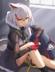  1girl animal_ears arknights backpack bag bangs black_eyes black_socks breasts feet_out_of_frame gloves grey_hair hair_ornament hair_over_shoulder hairclip highres indoors knee_up kneehighs long_hair looking_at_viewer medium_breasts mole mole_under_mouth mouse mouse_ears mouse_girl mouse_tail open_mouth red_eyes red_gloves scavenger_(arknights) shironekoban sitting socks solo tail thigh_strap twitter_username 