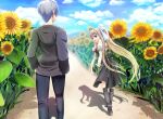  1boy 1girl air_(visual_novel) bangs black_dress black_pants black_shirt blonde_hair blue_eyes blue_sky breasts cloud commentary_request dress field flower flower_field from_behind grey_hair hands_in_pockets kamio_misuzu kunisaki_yukito long_hair long_sleeves looking_at_another open_mouth outdoors pants ponytail shirt short_hair short_sleeves sidelocks sky standing sunflower teeth upper_teeth_only very_long_hair white_shirt yuzuki_karin 