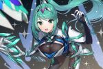  1girl absurdres aegis_sword_(xenoblade) armor bangs breasts chest_jewel cleavage earrings gem gloves green322 green_eyes green_hair hair_ornament headpiece high_ponytail highres jewelry large_breasts long_hair looking_at_viewer pneuma_(xenoblade) ponytail solo swept_bangs sword tiara very_long_hair weapon xenoblade_chronicles_(series) xenoblade_chronicles_2 
