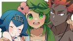  1boy 2girls arm_around_shoulder black_hair blue_hair blush closed_eyes collarbone dark-skinned_female dark-skinned_male dark_skin green_eyes green_hair kiawe_(pokemon) lana_(pokemon) looking_at_viewer mallow_(pokemon) mochi_(g_mochi) multiple_girls open_mouth pokemon pokemon_(game) pokemon_sm red_hair smile topless_male upper_body v-shaped_eyebrows 