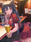  1girl alcohol animal_ears artist_name ass bar_(place) bar_stool beer black_hair breasts cat_ears cat_girl cleavage commission cup dress facial_mark freeze-ex hair_between_eyes hand_on_own_chin head_rest holding holding_cup long_hair looking_at_viewer original red_dress short_sleeves smile solo stool teeth twintails 