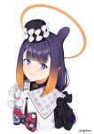  1girl absurdres black_bow bow cropped_torso floral_print gradient_hair halo hat highres hololive hololive_english long_hair multicolored_hair ninomae_ina&#039;nis print_bow purple_hair rinfamm simple_background solo twitter_username virtual_youtuber white_background white_bow yellow_eyes 