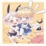  2boys animal_ears apron axis_powers_hetalia blonde_hair blue_eyes bow bowtie cake cat_ears coffee coffee_mug collar cup food germany_(hetalia) highres maid maid_apron makino_sheep male_playboy_bunny mug multiple_boys open_mouth playboy_bunny prussia_(hetalia) purple_eyes rabbit_ears white_collar white_hair yellow_background 