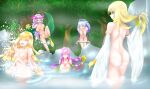  absurdres ass bathing breasts forest harpie_dancer harpie_girl_(yu-gi-oh!) harpie_lady harpie_lady_1 harpie_oracle harpie_perfumer highres nature nude onsen partially_underwater_shot splashing standing standing_on_liquid taking_off untying_hair user_urvg5538 yu-gi-oh! 