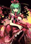  1girl abstract_background absurdres artist_name bangs boots bright_pupils brown_footwear closed_mouth commentary_request cross-laced_footwear dress expressionless fingernails foot_out_of_frame frilled_ribbon frilled_sleeves frills front_ponytail green_eyes green_hair hair_ribbon highres kagiyama_hina leaf long_dress long_hair looking_at_viewer maple_leaf mouth_hold puffy_short_sleeves puffy_sleeves red_dress red_ribbon ribbon short_sleeves solo touhou uninosono white_pupils wrist_ribbon 