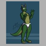  1:1 anthro barefoot blue_background blue_hair border briefs briefs_only claws clothed clothing detailed_background feet green_body green_eyes green_scales grey_border hair hi_res male navel nervous open_mouth otterdownunder pattern_background scales scalie signature simple_background smile solo striped_background teeth_showing tighty_whities topless underwear underwear_only white_briefs white_clothing white_underwear 