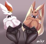  anthro big_breasts big_ears bow_tie breasts brown_body brown_fur bunny_costume cinderace cleavage clothed clothing costume duo female fur generation_4_pokemon generation_8_pokemon hi_res huge_breasts lagomorph leggings legwear leotard long_ears lopunny mammal misx nintendo pokemon pokemon_(species) shirt_collar shirt_cuffs simple_background standing tight_clothin white_body white_fur wide_hips 