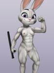  abs anthro breasts club_(weapon) disney female flexing fur genitals grey_body grey_fur hi_res judy_hopps lagomorph leporid mammal melee_weapon muscular muscular_anthro muscular_female nightstick nsfy_(artist) nude pose purple_eyes pussy rabbit solo weapon zootopia 