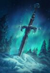  aurora gwent_(game) highres icicle night no_humans non-web_source outdoors pine_tree planted planted_sword snow sword the_witcher_(series) tree weapon 