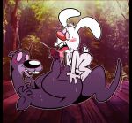  2023 anthro balls blush bodily_fluids brandy_and_mr._whiskers brandy_harrington butt chromatic_aberration disney duo ed_(brandy_and_mr._whiskers) forest genitals hand_on_butt hi_res jungle lagomorph leporid licking looking_at_viewer lying male male/male mammal motion_lines mustelid nude on_back oral otter penile penis penis_lick pink_sclera plant rabbit red_nose saliva sex shocked short_tail surprise sweat tail the-alfie-incorporated tongue tongue_out tree 