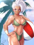  1girl ball beachball bikini blue_eyes bracelet breasts commentary cowboy_shot dark-skinned_female dark_skin english_commentary green_bikini hand_on_hip highleg highleg_bikini highres holding holding_ball holding_beachball jewelry kooj_artz large_breasts navel o-ring o-ring_bikini open_mouth original palm_tree shiny_skin signature solo swimsuit tree v-shaped_eyebrows white_hair 