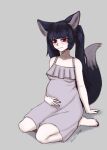  1girl animal_ears barefoot belly black_hair breasts commentary desert_avenger dress feet fox_ears fox_girl fox_tail gift_art hand_on_own_stomach highres mikan_(rayer) motherly nail_polish original pale_skin pedicure pregnant red_eyes sitting slit_pupils smile solo tail toes twintails wariza 