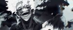  1boy :d absurdres bangs blurry blurry_foreground boku_no_hero_academia burn_scar cheek_piercing chromatic_aberration commentary constricted_pupils crazy crazy_eyes dabi_(boku_no_hero_academia) depth_of_field ear_piercing embers evil_smile exposed_bone film_grain fire floating_clothes floating_hair greyscale hand_up head_tilt highres looking_at_viewer male_focus messy_hair monochrome multiple_piercings multiple_scars nose_piercing open_mouth oumiewe outstretched_arm piercing portrait pyrokinesis raised_eyebrows scar scar_on_face scar_on_hand scar_on_neck short_hair smile smoke solo spoilers todoroki_touya white_hair 