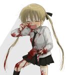  1girl absurdres bangs black_necktie black_ribbon black_skirt black_socks blonde_hair blood blood_in_hair blood_on_clothes blood_on_face blood_on_hands blood_on_leg blood_on_weapon blood_splatter blush closed_eyes collared_shirt feet_out_of_frame furrowed_brow hair_ribbon hand_up highres holding holding_knife kill_me_baby kneehighs knife laughing long_sleeves messy_hair necktie open_mouth pleated_skirt raised_eyebrows ribbon shirt short_necktie skirt smile socks solo sonya_(kill_me_baby) standing tearing_up tears twintails weapon white_shirt wiping_tears yasashii_naizou 