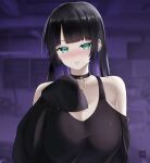  1girl bangs bare_shoulders black_choker black_hair black_shirt blunt_bangs blurry blush bocchi_the_rock! breasts choker clothing_cutout colored_inner_hair depth_of_field ear_piercing earrings freshtango green_eyes hand_up highres jewelry large_breasts long_hair long_sleeves looking_at_viewer mouth_piercing multicolored_hair nose_blush pa-san piercing shirt shoulder_cutout sleeves_past_fingers sleeves_past_wrists smile solo upper_body 