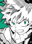  1boy absurdres boku_no_hero_academia clenched_teeth commentary freckles green_background green_eyes hatching_(texture) highres liedein male_focus midoriya_izuku monochrome portrait signature solo spot_color teeth 