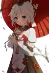  1girl absurdres bangs black_dress blue_eyes blurry blurry_foreground blush branch closed_mouth depth_of_field dress floral_print grey_hair hair_between_eyes highres holding holding_umbrella honkai_(series) honkai_impact_3rd knosdeba looking_at_viewer oil-paper_umbrella petals print_umbrella red_umbrella short_sleeves simple_background solo theresa_apocalypse umbrella white_background 