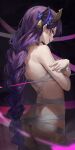  1girl absurdres ass back bandages bangs bare_shoulders braid braided_ponytail breasts closed_mouth covering covering_breasts dark_background from_behind genshin_impact hair_ornament highres leviathan_(hikinito0902) long_hair looking_at_viewer looking_back medium_breasts mole mole_under_eye naked_bandage profile purple_eyes purple_hair purple_nails raiden_shogun sideboob solo solo_focus very_long_hair 