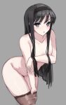  1girl black_hair black_hairband blue_eyes blush flat_chest grey_background hairband hand_in_thighhighs highres jonyeld long_hair nipples nude open_mouth solo thighhighs thighs tohno_akiha tsukihime 