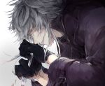  1boy black_gloves black_jacket blood closed_mouth gloves grey_hair holding holding_knife jacket knife long_sleeves looking_down male_focus orlok_(piofiore_no_bansho) piofiore_no_bansho short_hair solo sooooniiiii tearing_up white_background yellow_eyes 