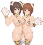 2girls animal_ears animal_hands animal_print bangs bell bikini blush breasts brown_eyes brown_hair choker closed_mouth commentary_request embarrassed girls_und_panzer gloves halterneck highres jingle_bell large_breasts light_frown looking_at_viewer medium_breasts multiple_girls navel neck_bell nishizumi_maho nishizumi_miho orange_bikini orange_choker orange_thighhighs paw_gloves print_bikini print_choker print_thighhighs short_hair siblings side-by-side simple_background sisters smile standing swimsuit thighhighs tiger_ears tiger_print wata_do_chinkuru waving white_background 