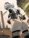  1girl ass black_blindfold black_gloves black_hairband blindfold construction_site crane_(machine) feather-trimmed_sleeves from_behind from_below gloves hairband highleg highleg_leotard highres juliet_sleeves leotard long_sleeves looking_back nier_(series) nier_automata outdoors puffy_sleeves rodrigo_yoshimiya short_hair solo thighhighs white_hair yorha_no._2_type_b 