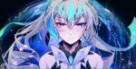  1girl aer007580 bangs bare_shoulders blue_hair bronya_zaychik bronya_zaychik_(herrscher_of_truth) chromatic_aberration close-up closed_mouth film_grain floating_hair grey_eyes grey_hair hair_between_eyes halo highres honkai_(series) honkai_impact_3rd long_hair looking_at_viewer multicolored_hair pink_pupils solo straight-on two-tone_hair v-shaped_eyebrows 