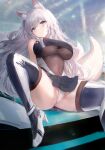  1girl 28yama animal_ear_fluff animal_ears arms_behind_back azur_lane black_skirt black_thighhighs blue_eyes blush breasts brown_leotard closed_mouth commentary covered_navel eyelashes foot_out_of_frame fox_ears fox_girl fox_tail grey_hair high_heels highres large_breasts leotard long_hair looking_at_viewer microskirt multiple_tails official_alternate_costume on_vehicle panties pleated_skirt race_queen shinano_(azur_lane) shinano_(moonlit_chrome)_(azur_lane) sitting skin_tight skirt solo spread_legs tail thighhighs thighs underwear white_footwear white_panties 