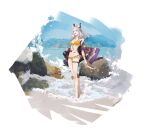  1girl absurdres arknights bikini cliff cross_stitch full_body highres holding holding_eyewear huibai_bri jewelry long_hair looking_to_the_side necklace ocean open_mouth orange_eyes ptilopsis_(arknights) standing swimsuit thigh_strap walking waves white_hair 