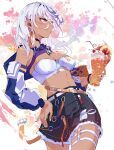  1girl aer007580 alternate_costume belt black_shorts breasts carole_peppers cherry chewing_gum cowboy_shot cup dark-skinned_female dark_skin detached_sleeves drinking_straw earrings food fruit hand_on_hip highres holding holding_cup honkai_(series) honkai_impact_3rd jewelry long_hair long_sleeves looking_to_the_side medium_breasts midriff orange_eyes shorts solo strapless thigh_strap tube_top white_hair white_tube_top 
